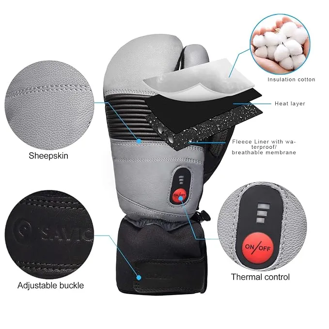 SAVIOR HEAT Heated Ski Mittens Electric Rechargeable Battery Leather Thick Gloves for Men Women Ski Snowboard Snowmobile Motorcycle