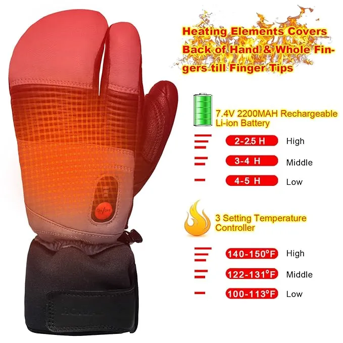 SAVIOR HEAT Heated Ski Mittens Electric Rechargeable Battery Leather Thick Gloves for Men Women Ski Snowboard Snowmobile Motorcycle