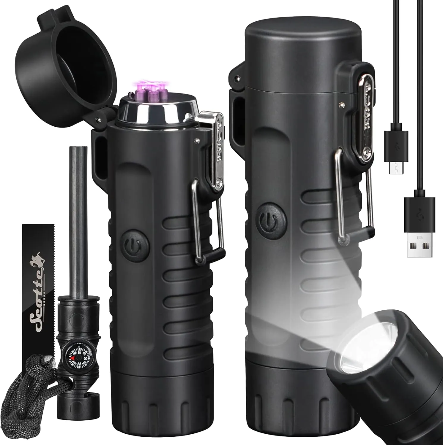 Scotte Plasma Windproof Arc Lighter Electric Lighter and LED Flashlight - 2 in 1 (Black)/5 in 1 Magnesium Fire Starter for Emergency Survival, Candle, Camping, Hiking, All Weather Magnesium Ferro Rod
