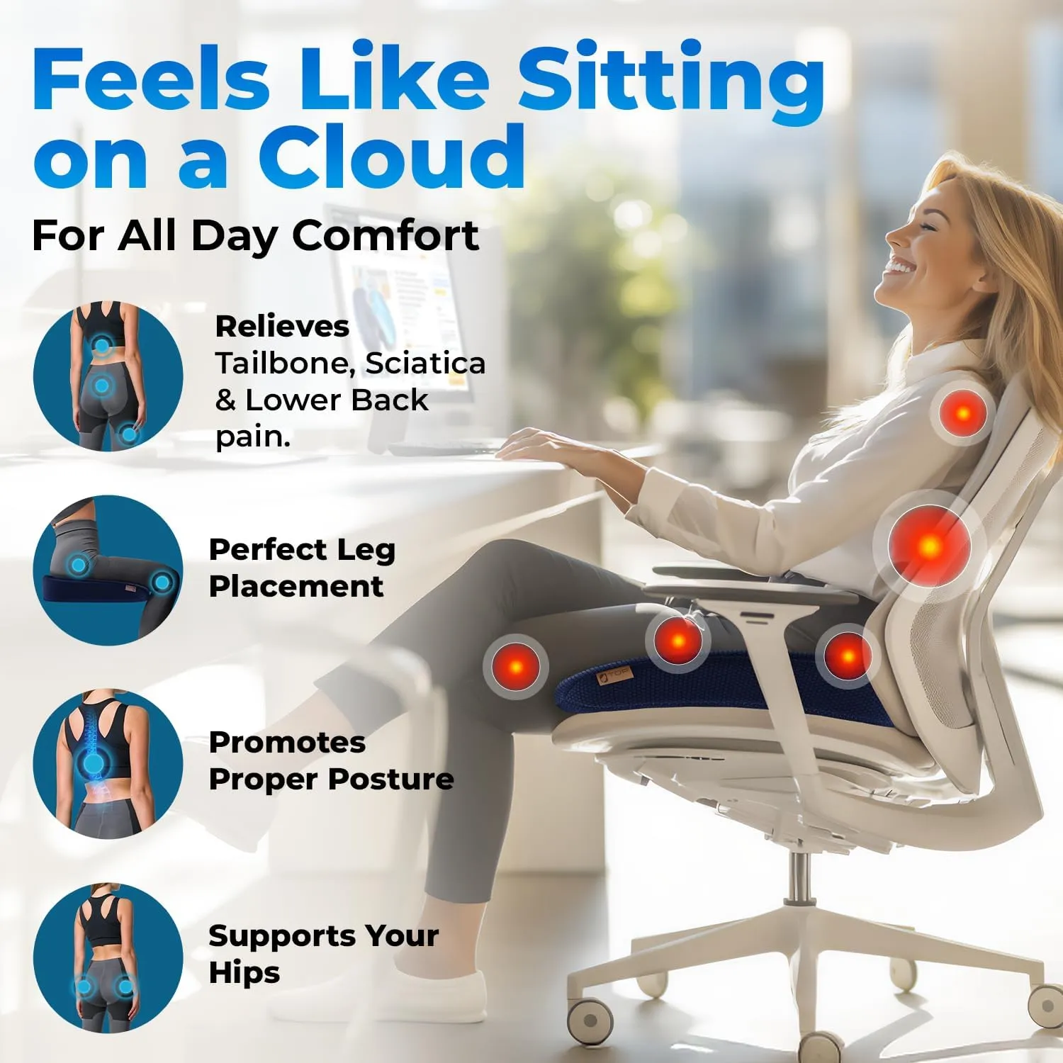 Seat Cushion, BodySync™ Technology with Non-Slip Gel & Memory Foam for Tailbone, Sciatica & Back Pain Relief, Office Chair Cushion, Car Seat Cushions for Driving (Dark Grey Blue)