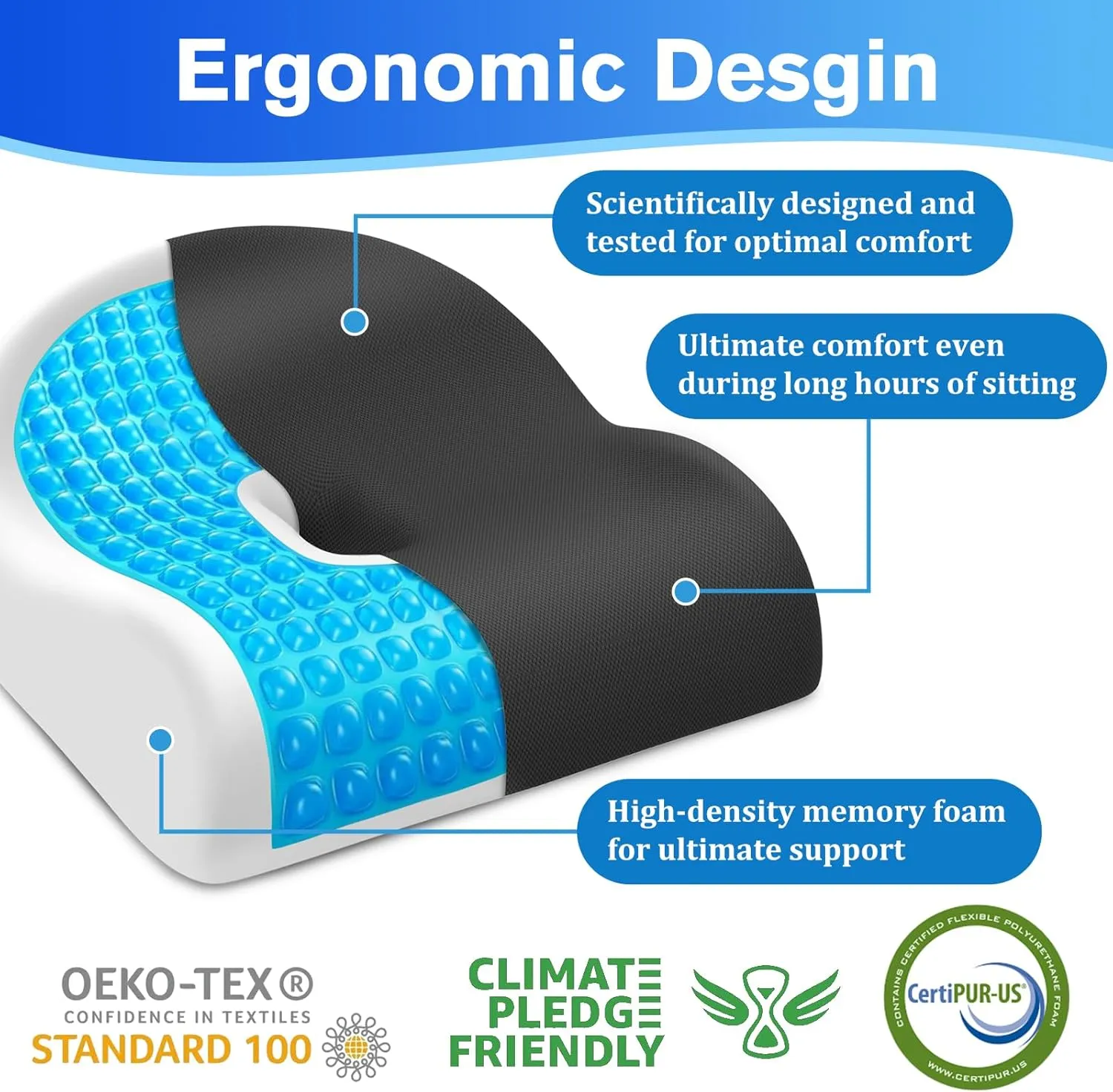 Seat Cushion Office Chair Cushion for Back & Tailbone & Sciatica Pain Relief, Grey Memory Foam Desk Chair Pressure Relief Seat Cushion for Long Sitting Car Drivers, Office Worker