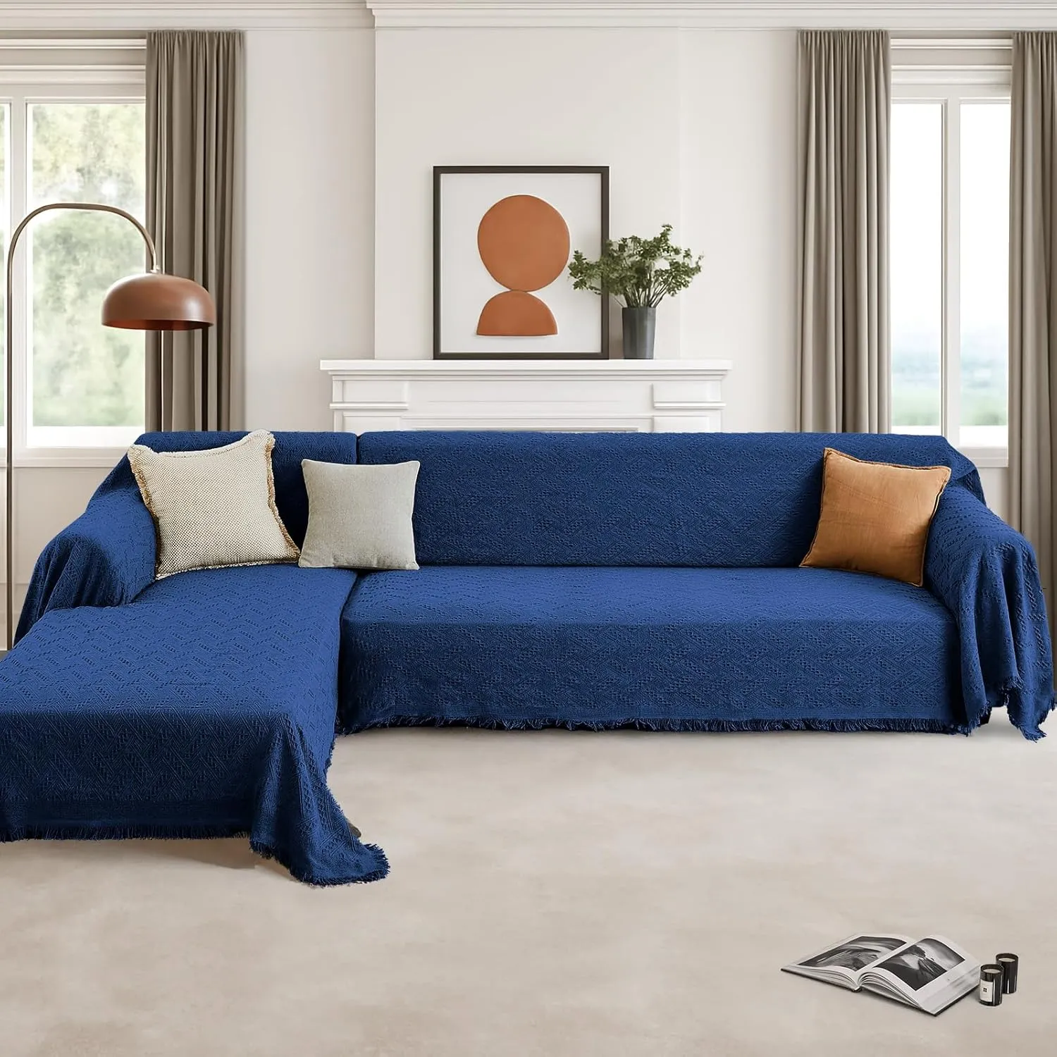 Sectional Couch Covers for Sectional Sofa L Shaped Sofa Cover Blanket 2 Pieces L Shape Furniture Protector for Pets Dogs (Navy, Large)