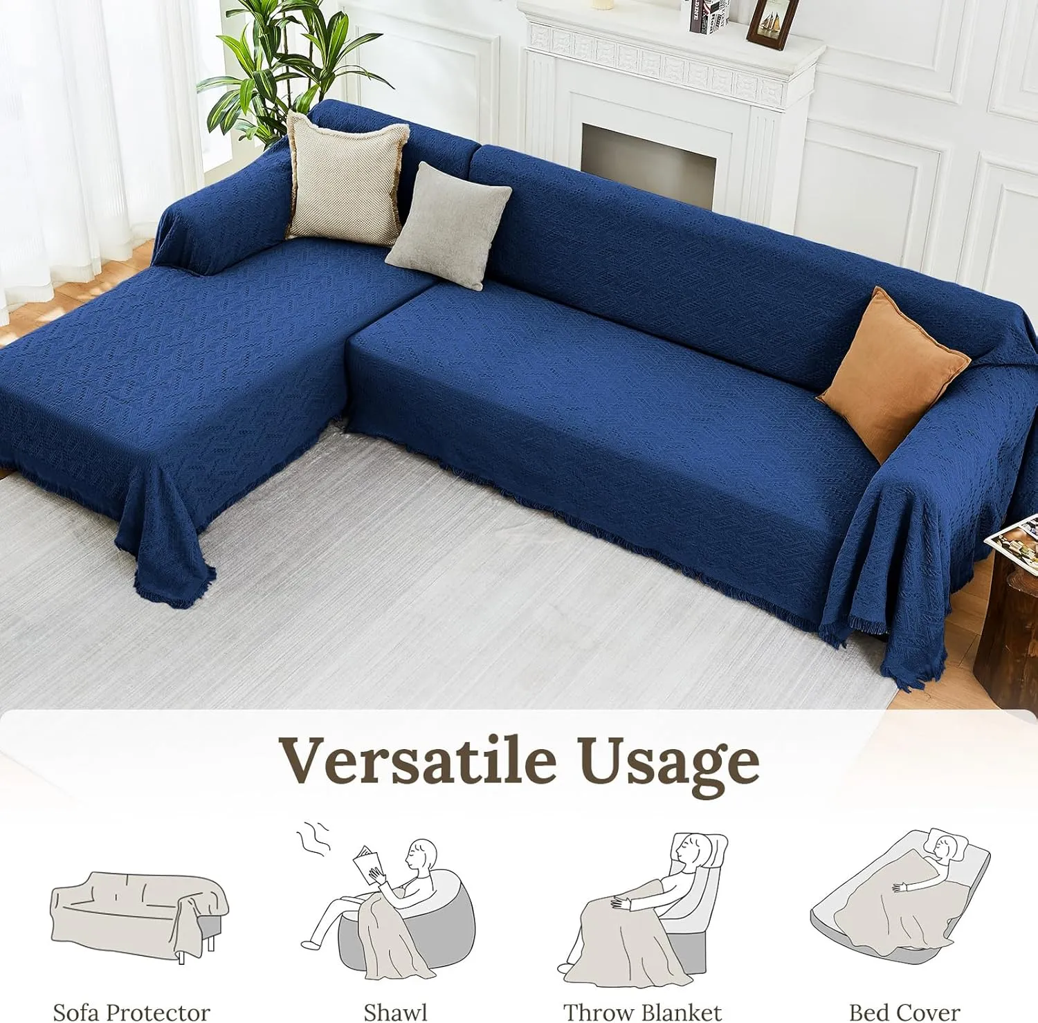 Sectional Couch Covers for Sectional Sofa L Shaped Sofa Cover Blanket 2 Pieces L Shape Furniture Protector for Pets Dogs (Navy, Large)