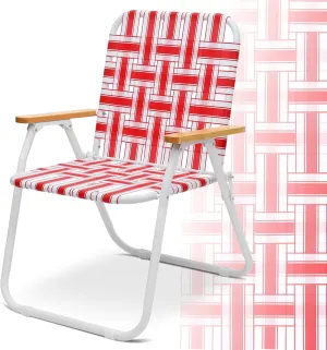 Sekey Folding Lawn Chair, Beach Chair for Adults with Highback, Camping Chair with Webbed Airflow Mesh, Patio Chair with Rust-Proof Coating, Webbed Lawn Chair for Outdoor, Fishing, Backyard, Red
