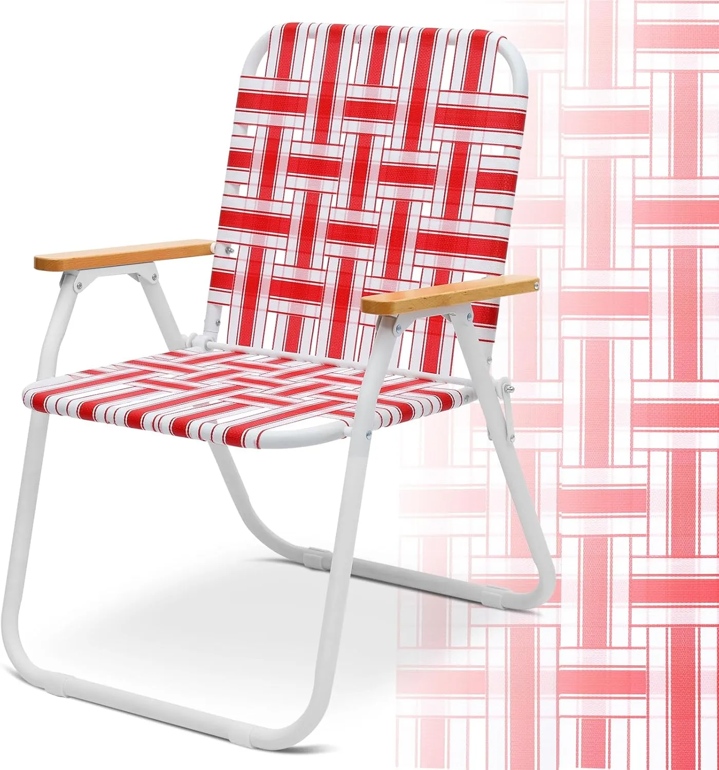 Sekey Folding Lawn Chair, Beach Chair for Adults with Highback, Camping Chair with Webbed Airflow Mesh, Patio Chair with Rust-Proof Coating, Webbed Lawn Chair for Outdoor, Fishing, Backyard, Red