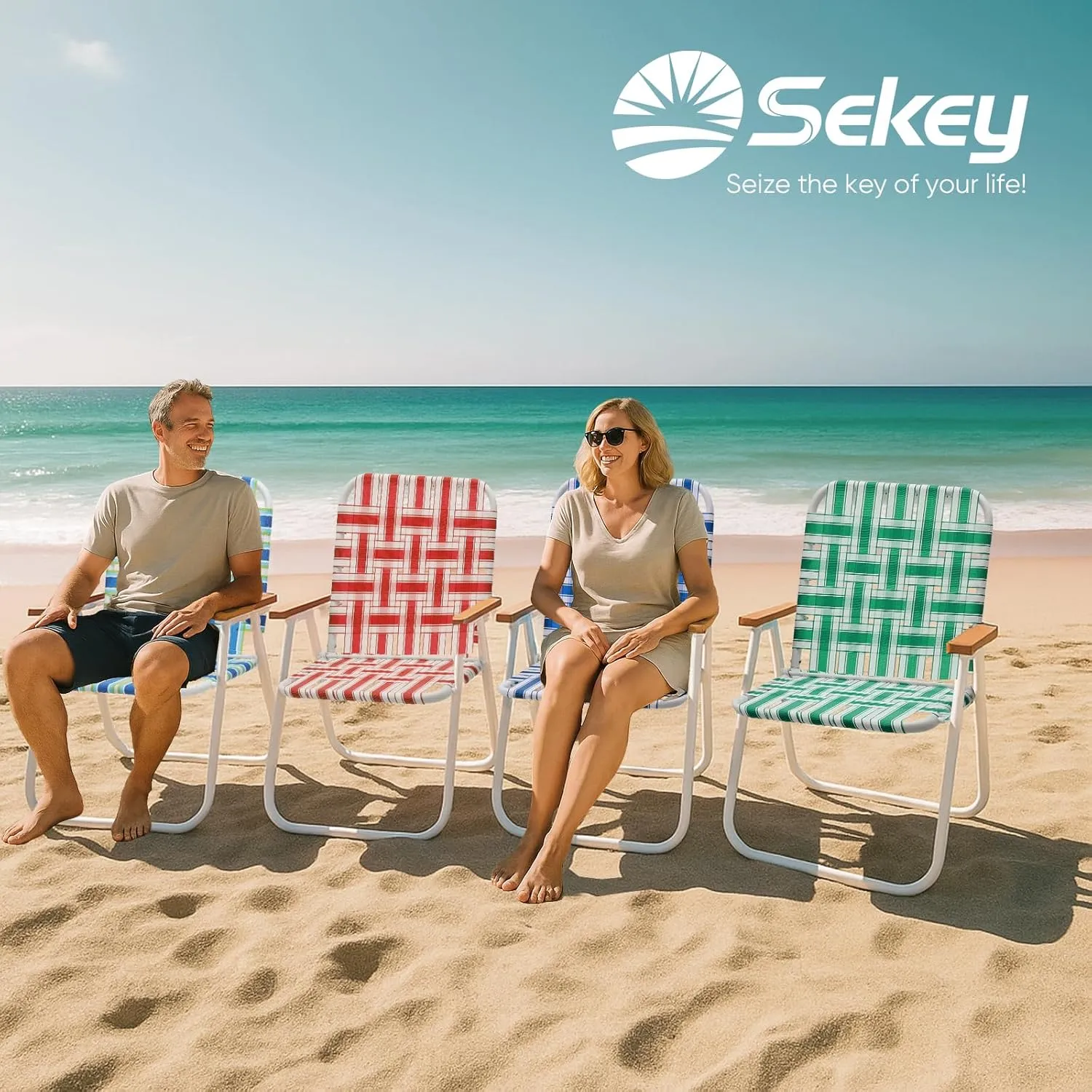 Sekey Folding Lawn Chair, Beach Chair for Adults with Highback, Camping Chair with Webbed Airflow Mesh, Patio Chair with Rust-Proof Coating, Webbed Lawn Chair for Outdoor, Fishing, Backyard, Red