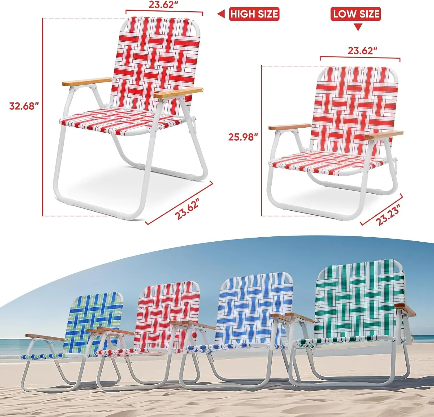 Sekey Folding Lawn Chair, Beach Chair for Adults with Highback, Camping Chair with Webbed Airflow Mesh, Patio Chair with Rust-Proof Coating, Webbed Lawn Chair for Outdoor, Fishing, Backyard, Red