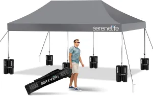 SereneLife Pop Up Canopy Tent 10x20 - Commercial Instant Shelter Foldable/Collapsible Sun Shade Canopy Pop Up Tent w/Waterproof UV Resistant Tent Top, Portable Carry Bag & Sand Bag SLGZ20GY (Gray)