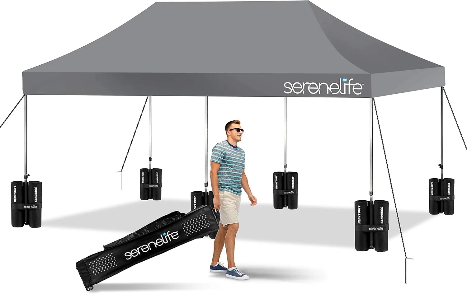 SereneLife Pop Up Canopy Tent 10x20 - Commercial Instant Shelter Foldable/Collapsible Sun Shade Canopy Pop Up Tent w/Waterproof UV Resistant Tent Top, Portable Carry Bag & Sand Bag SLGZ20GY (Gray)