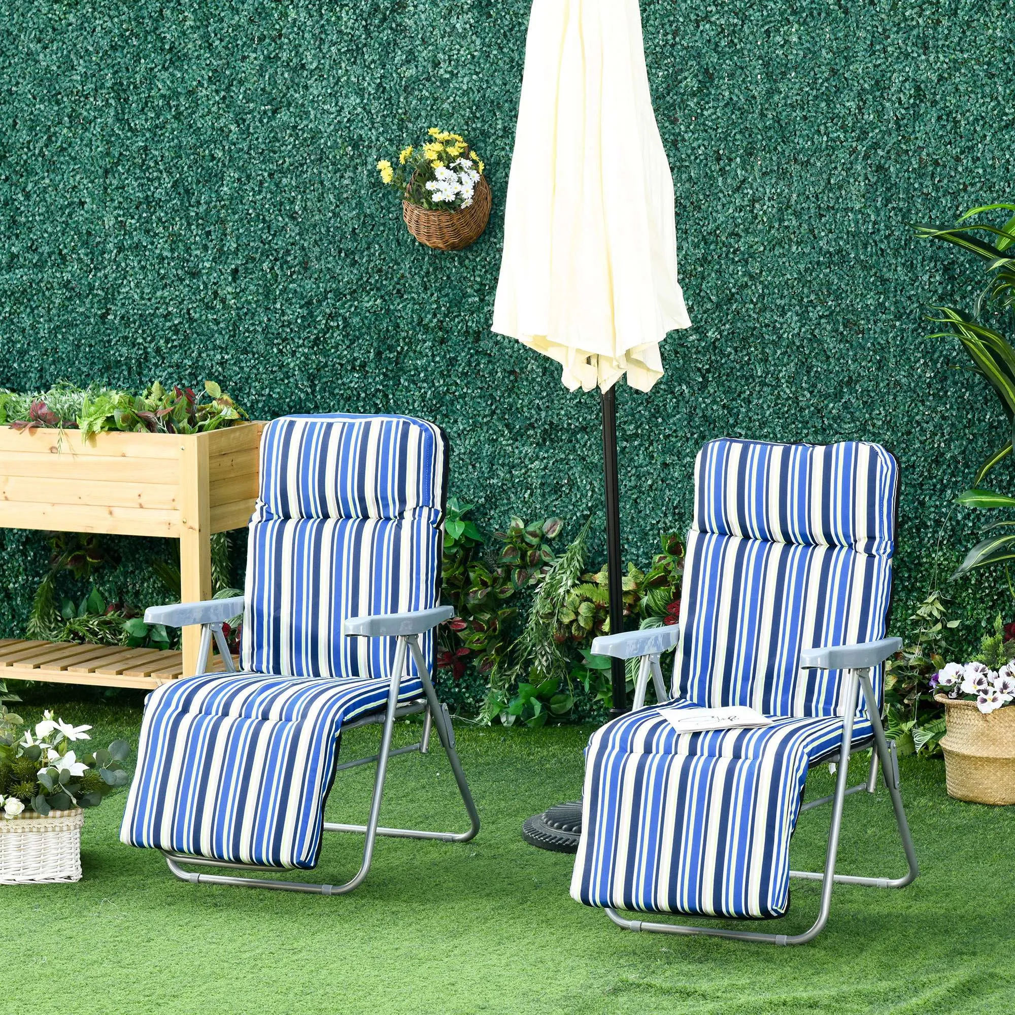Set of 2 Garden Sun Lounger, Outdoor Reclining Seat Cushioned Seat, Foldable Adjustable Recliner, Grey and Blue