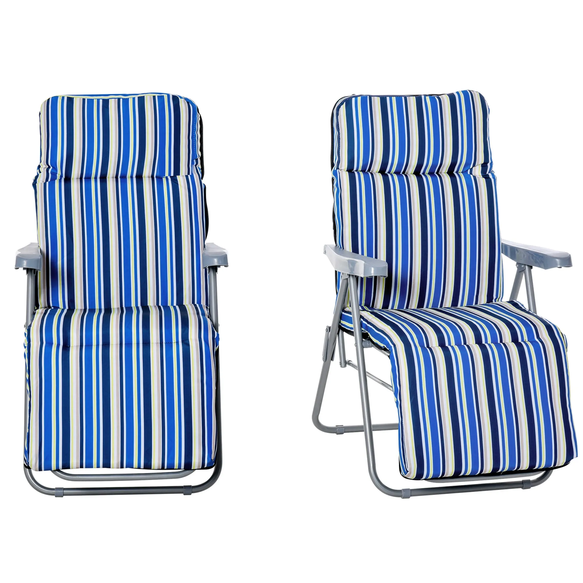 Set of 2 Garden Sun Lounger, Outdoor Reclining Seat Cushioned Seat, Foldable Adjustable Recliner, Grey and Blue