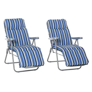 Set of 2 Garden Sun Lounger, Outdoor Reclining Seat Cushioned Seat, Foldable Adjustable Recliner, Grey and Blue