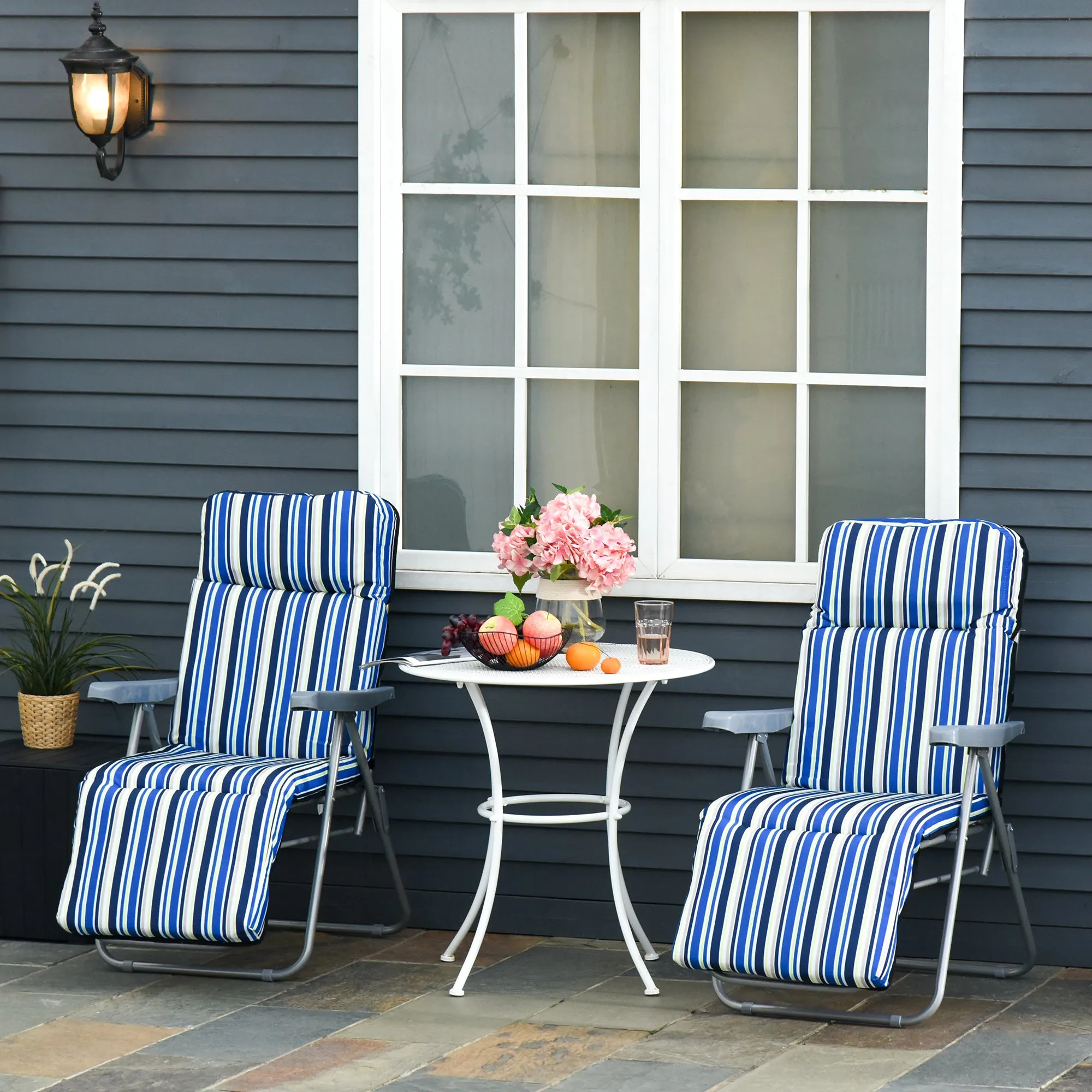 Set of 2 Garden Sun Lounger, Outdoor Reclining Seat Cushioned Seat, Foldable Adjustable Recliner, Grey and Blue