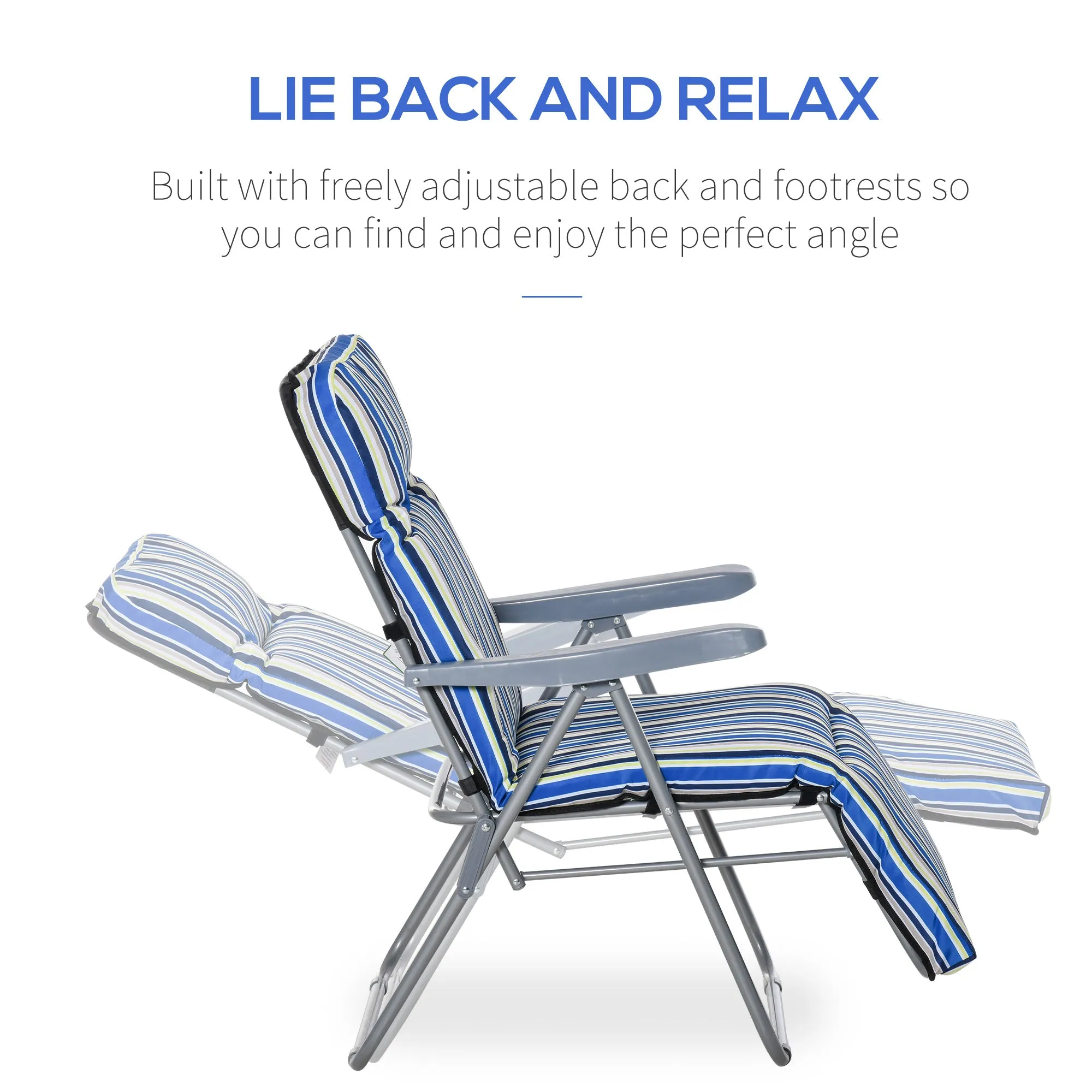 Set of 2 Garden Sun Lounger, Outdoor Reclining Seat Cushioned Seat, Foldable Adjustable Recliner, Grey and Blue