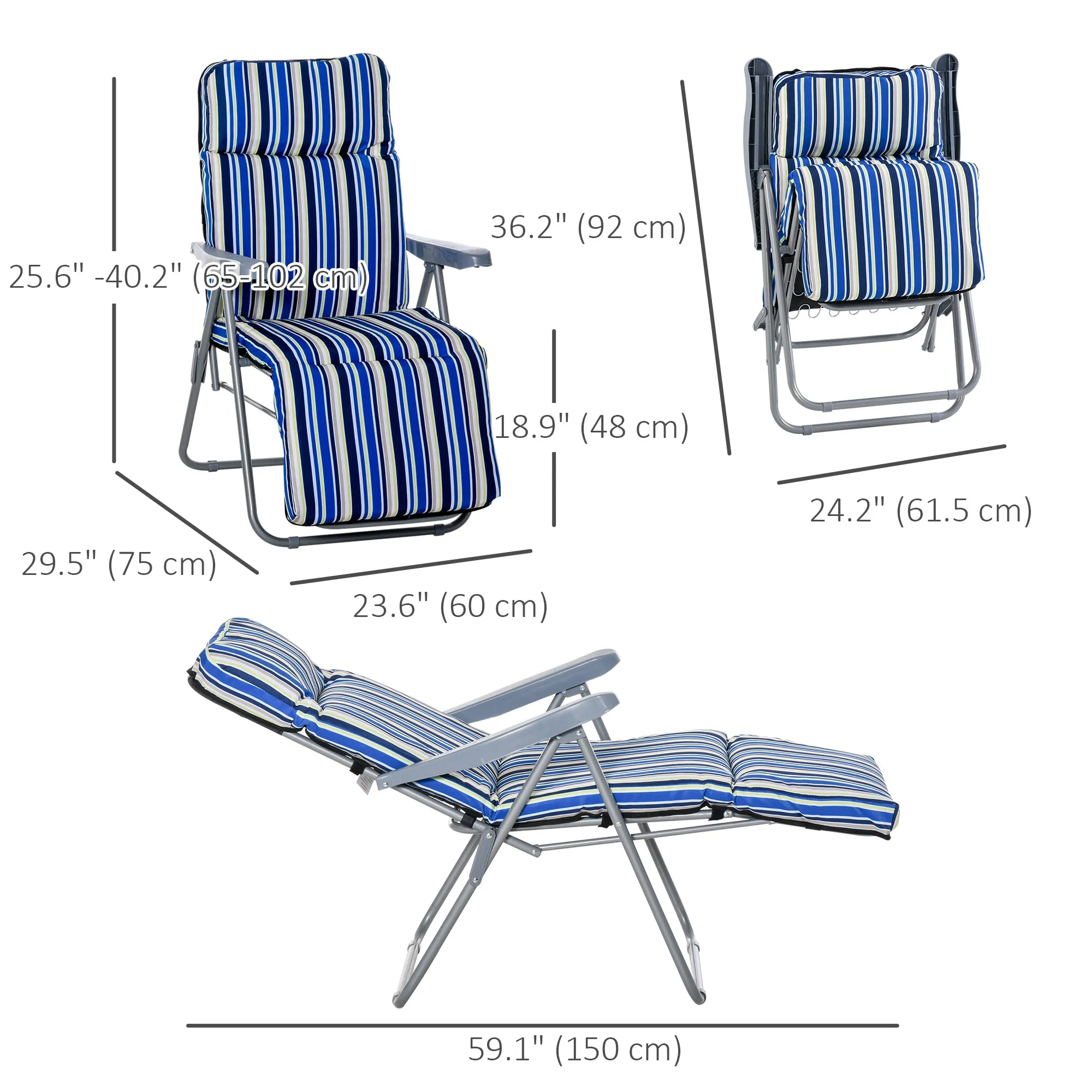 Set of 2 Garden Sun Lounger, Outdoor Reclining Seat Cushioned Seat, Foldable Adjustable Recliner, Grey and Blue