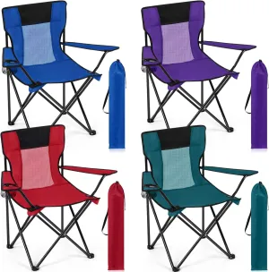 Shellwei Breathable Folding Camping Chair with Cupholder Carry Bag Regular Size Portable Lightweight Lawn Chair with Side Pocket Fishing Hiking Picnic Party Beach Outdoor Activity(Multicolor,4 Pcs)
