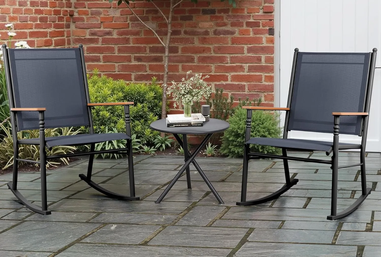Shintenchi 2 Pieces Outdoor Rocking Chair Set,Upgraded Patio Set with High Back,Breathable Fabric Chairs Outdoor Textilene Rocking Chair for Patio, Garden, Balcony, Pool, Dark Grey