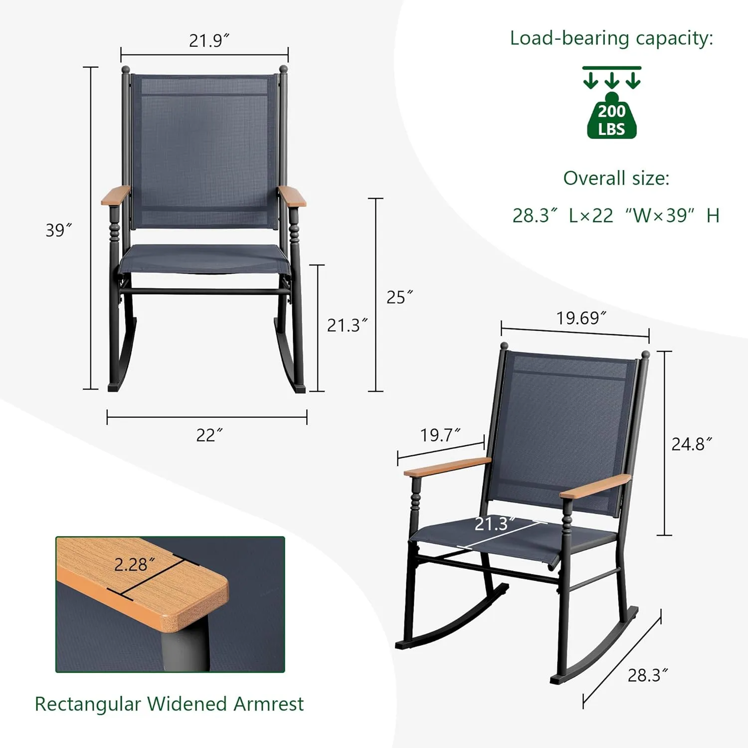 Shintenchi 2 Pieces Outdoor Rocking Chair Set,Upgraded Patio Set with High Back,Breathable Fabric Chairs Outdoor Textilene Rocking Chair for Patio, Garden, Balcony, Pool, Dark Grey