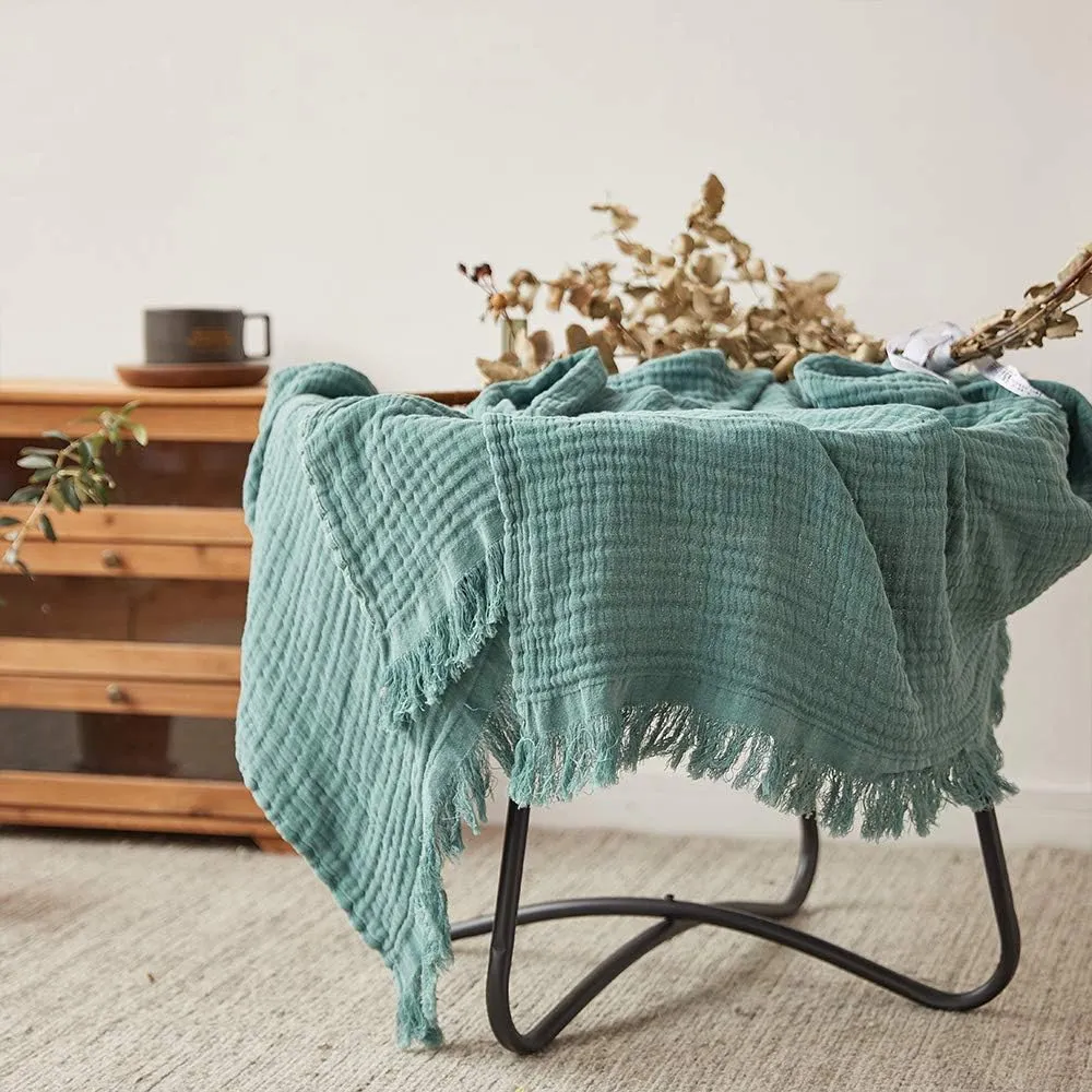 Simple&Opulence Cotton Muslin Throw Blanket for Bed, Couch, Knit Woven Gauze Blanket with Tassels, Soft Lightweight Cozy Pre-Washed Breathable Farmhouse Decoration for All-Season (Dark Green)
