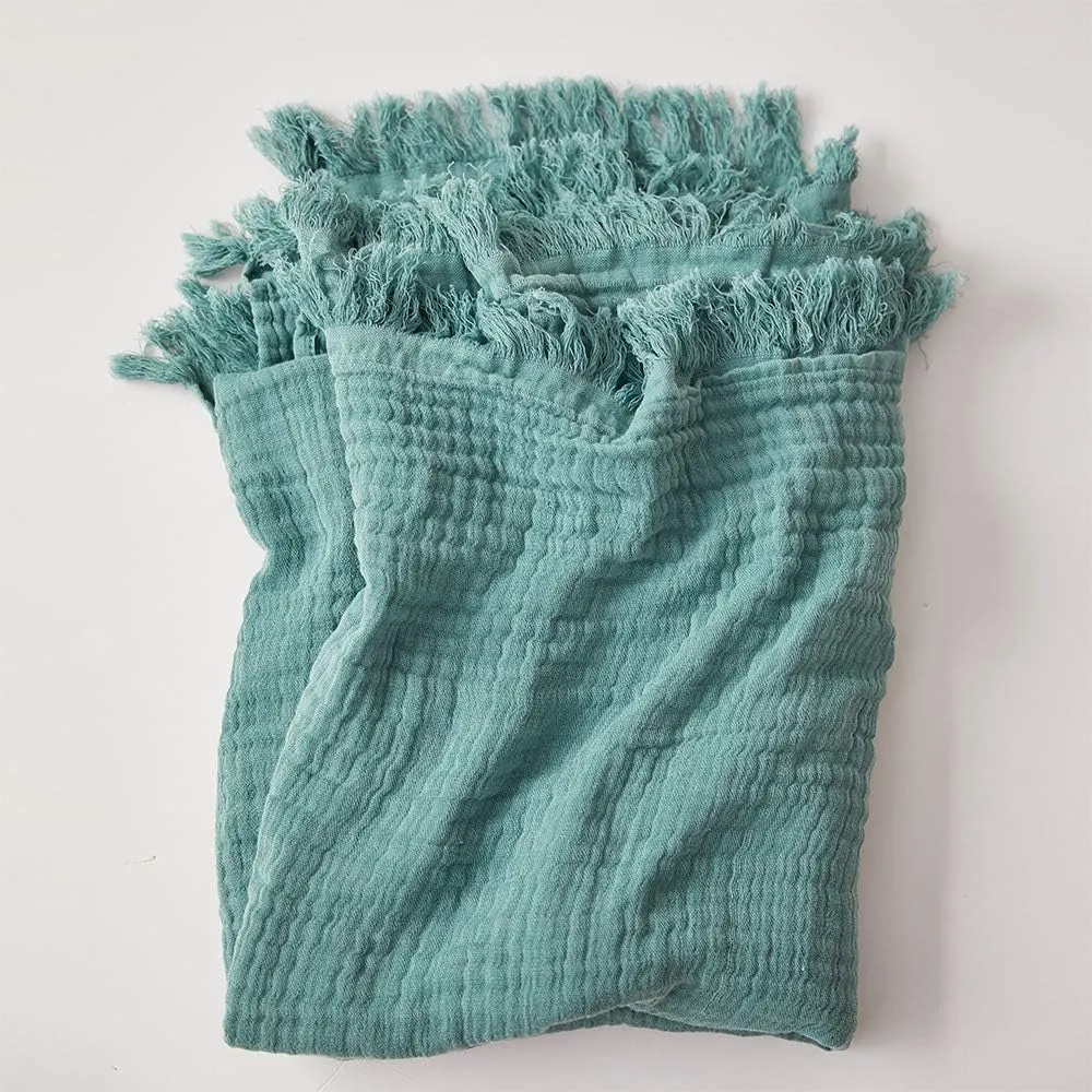 Simple&Opulence Cotton Muslin Throw Blanket for Bed, Couch, Knit Woven Gauze Blanket with Tassels, Soft Lightweight Cozy Pre-Washed Breathable Farmhouse Decoration for All-Season (Dark Green)