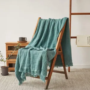 Simple&Opulence Cotton Muslin Throw Blanket for Bed, Couch, Knit Woven Gauze Blanket with Tassels, Soft Lightweight Cozy Pre-Washed Breathable Farmhouse Decoration for All-Season (Dark Green)