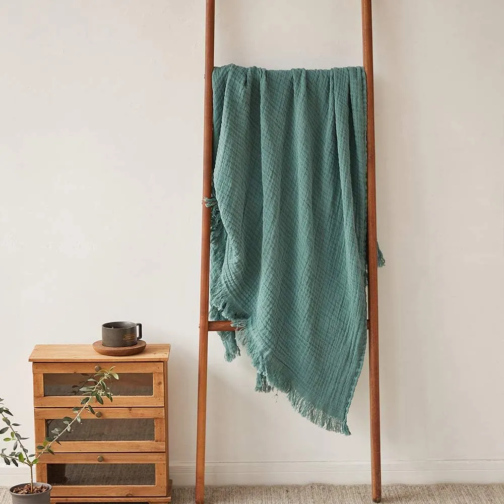 Simple&Opulence Cotton Muslin Throw Blanket for Bed, Couch, Knit Woven Gauze Blanket with Tassels, Soft Lightweight Cozy Pre-Washed Breathable Farmhouse Decoration for All-Season (Dark Green)
