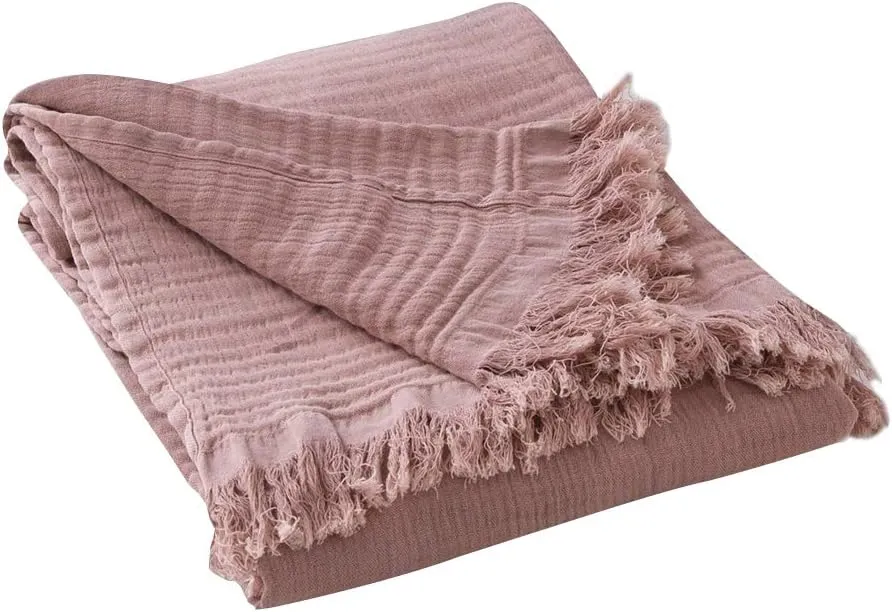 Simple&Opulence Cotton Muslin Throw Blanket for Bed, Couch, Knit Woven Gauze Blanket with Tassels, Soft Lightweight Cozy Pre-Washed Breathable Farmhouse Decoration for All-Season (Dusty Rose)