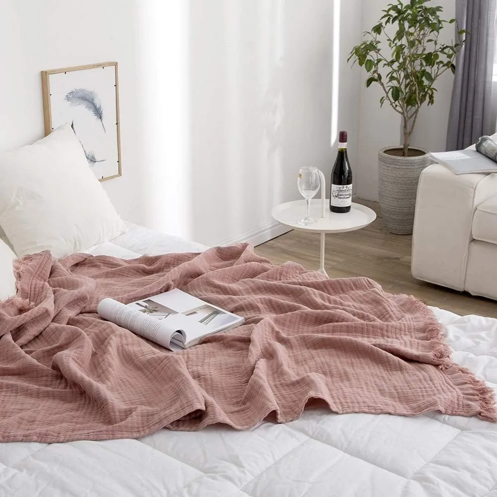 Simple&Opulence Cotton Muslin Throw Blanket for Bed, Couch, Knit Woven Gauze Blanket with Tassels, Soft Lightweight Cozy Pre-Washed Breathable Farmhouse Decoration for All-Season (Dusty Rose)