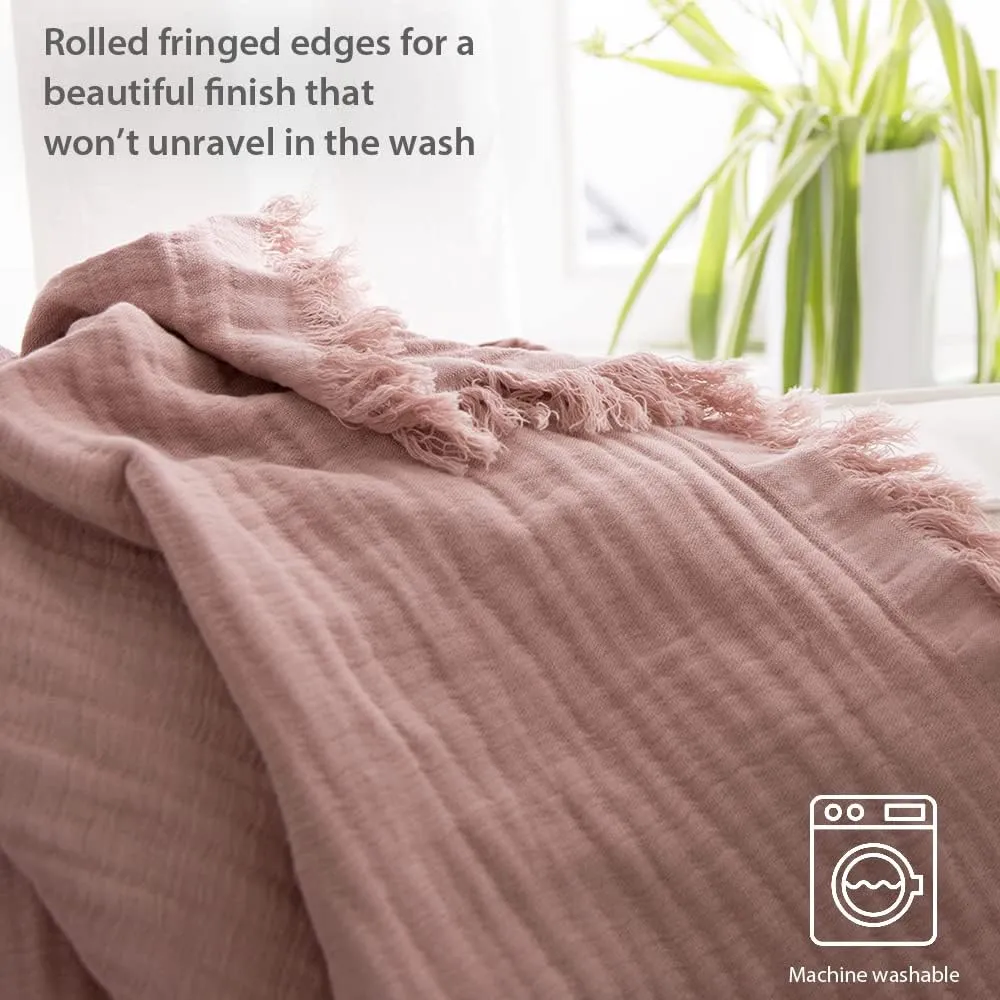 Simple&Opulence Cotton Muslin Throw Blanket for Bed, Couch, Knit Woven Gauze Blanket with Tassels, Soft Lightweight Cozy Pre-Washed Breathable Farmhouse Decoration for All-Season (Dusty Rose)