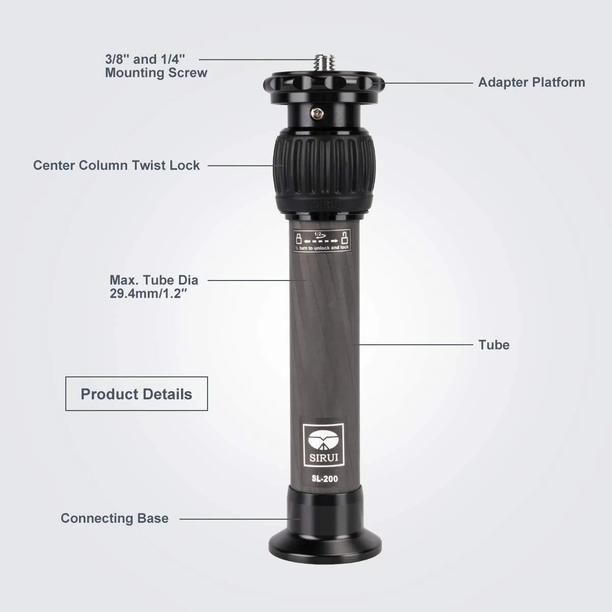 SIRUI SL-200 Carbon Fiber Tripod Extension Pole, Two-Section Center Column Extender for Tripods