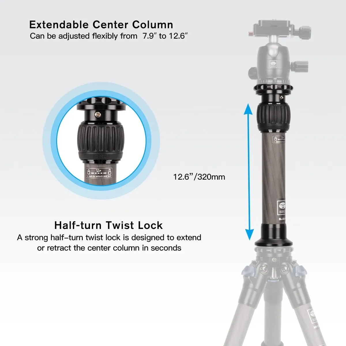 SIRUI SL-200 Carbon Fiber Tripod Extension Pole, Two-Section Center Column Extender for Tripods