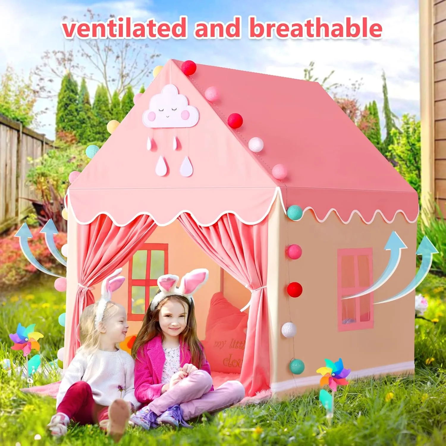 SISTICKER Kids Play Tents for Girls Large Fairy Playhouse for Kids Princess Castle Tent Gift Toys for Girl Toddler Children Play House (Pink) (Pink Tent with Rug)