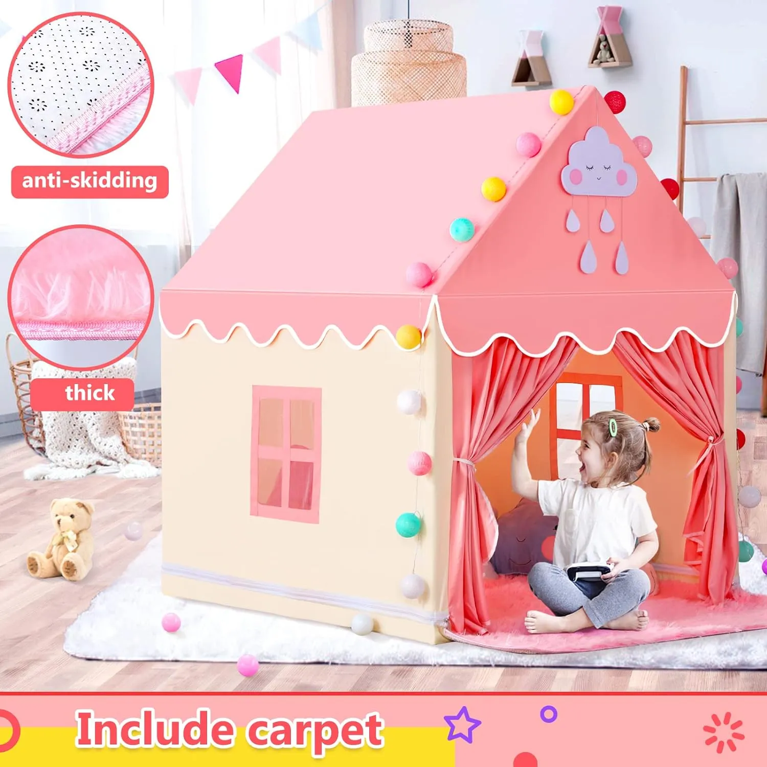 SISTICKER Kids Play Tents for Girls Large Fairy Playhouse for Kids Princess Castle Tent Gift Toys for Girl Toddler Children Play House (Pink) (Pink Tent with Rug)