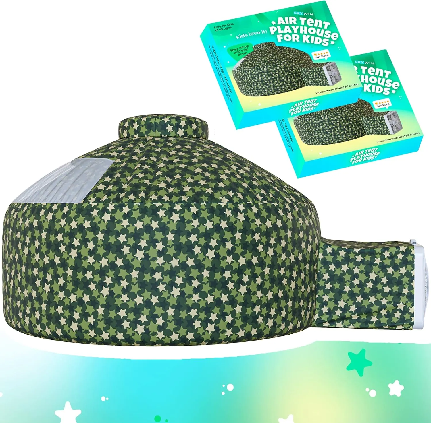 Skywin Inflatable Tent for Kids,Pack of 2 Inflatable Air Tent for Kids Sets Up and Stores Away in Seconds, Improved Blow up Fort (Fan NOT Included) (Camo Star Green)