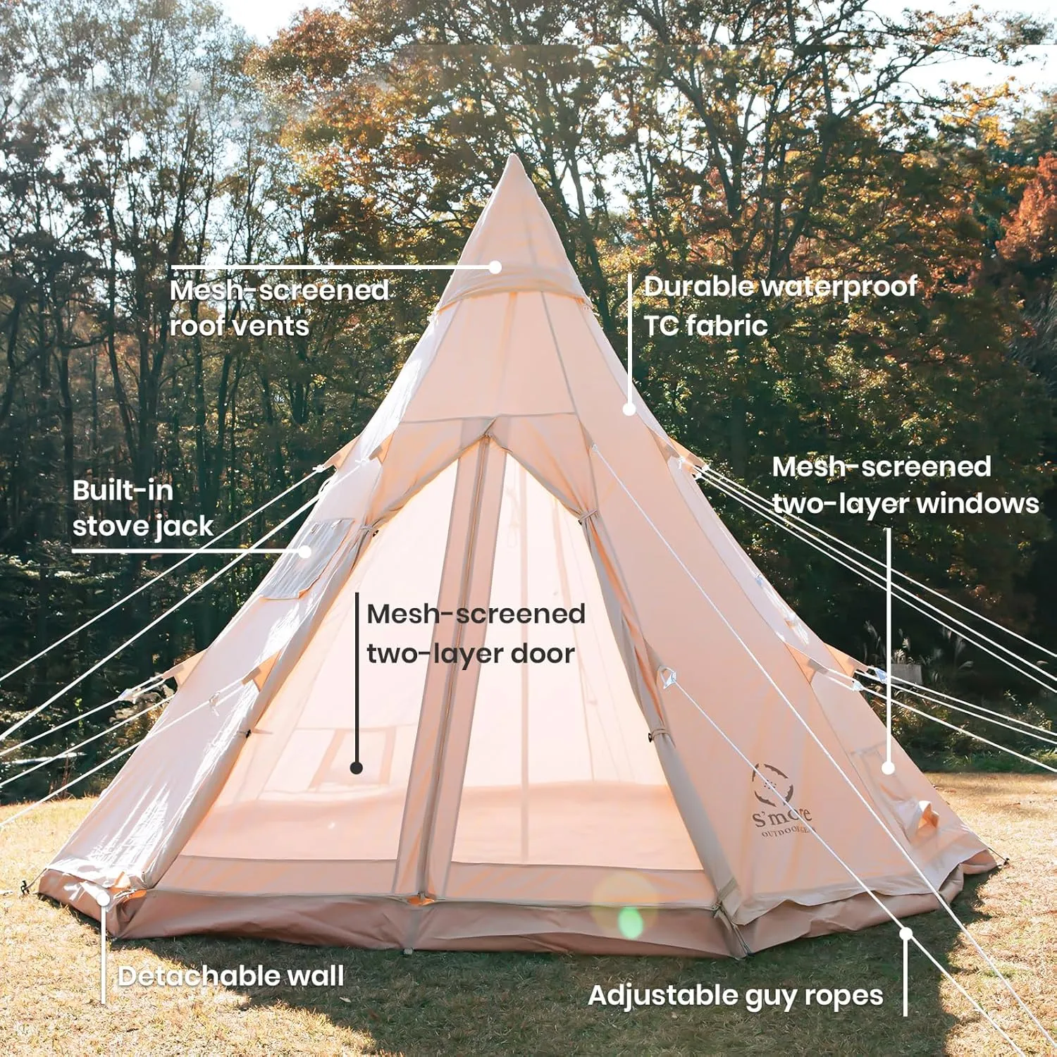 S'more Canvas Bell & Teepee Camping Tent, Water Resistant, Hot Tent with Stove Jack, 4 Season Outdoor Glamping Tent, Roomy Yurt & Tipi Tent for 3-6 Person Family, 10/13ft