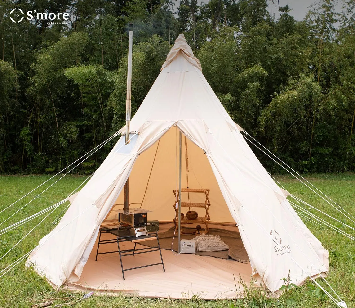 S'more Canvas Bell & Teepee Camping Tent, Water Resistant, Hot Tent with Stove Jack, 4 Season Outdoor Glamping Tent, Roomy Yurt & Tipi Tent for 3-6 Person Family, 10/13ft
