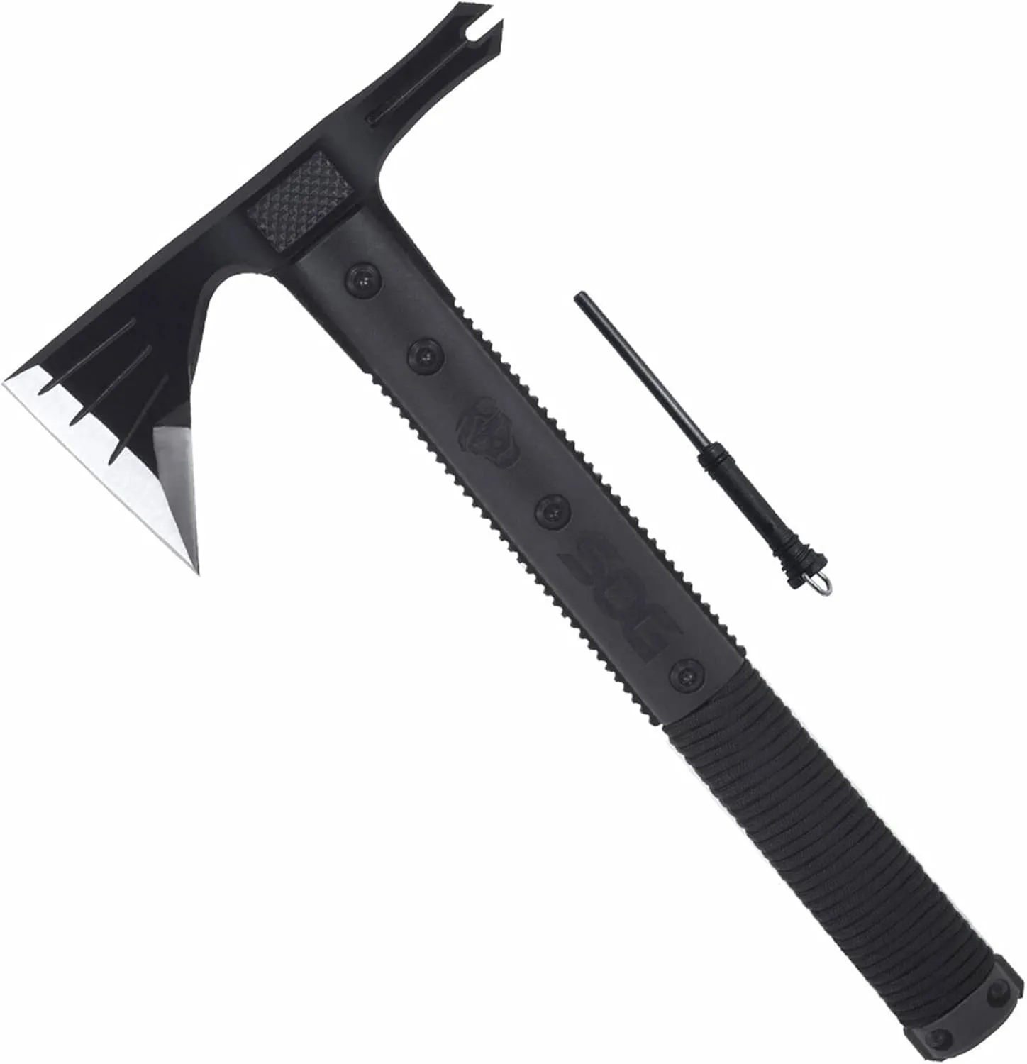 SOG Survival Hawk - Specialty Outdoor Tactical Hatchet, Fire Starter, Nail Puller, Hammer, Multi-Purpose Blade with Reflective Paracord Wrapped Handle (SK1001-CP),Black
