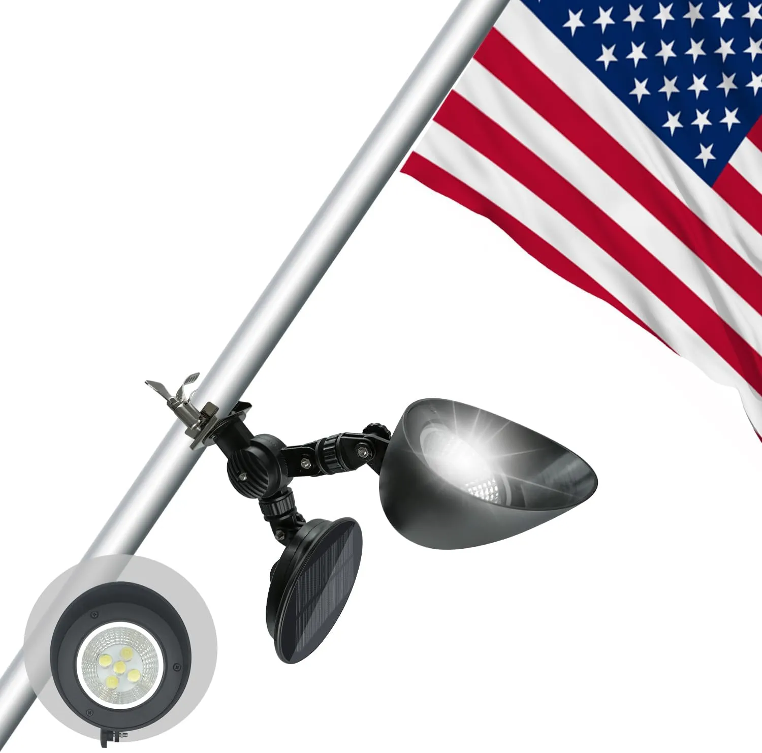 Solar Flag Pole Light, 360°Adjustable Flagpole Light Solar Powered with 5 Super-Bright Led, Dusk to Dawn, Fits 1”-1.5” in Diameter Outdoor Wall-Mounted Spinning Flagpoles