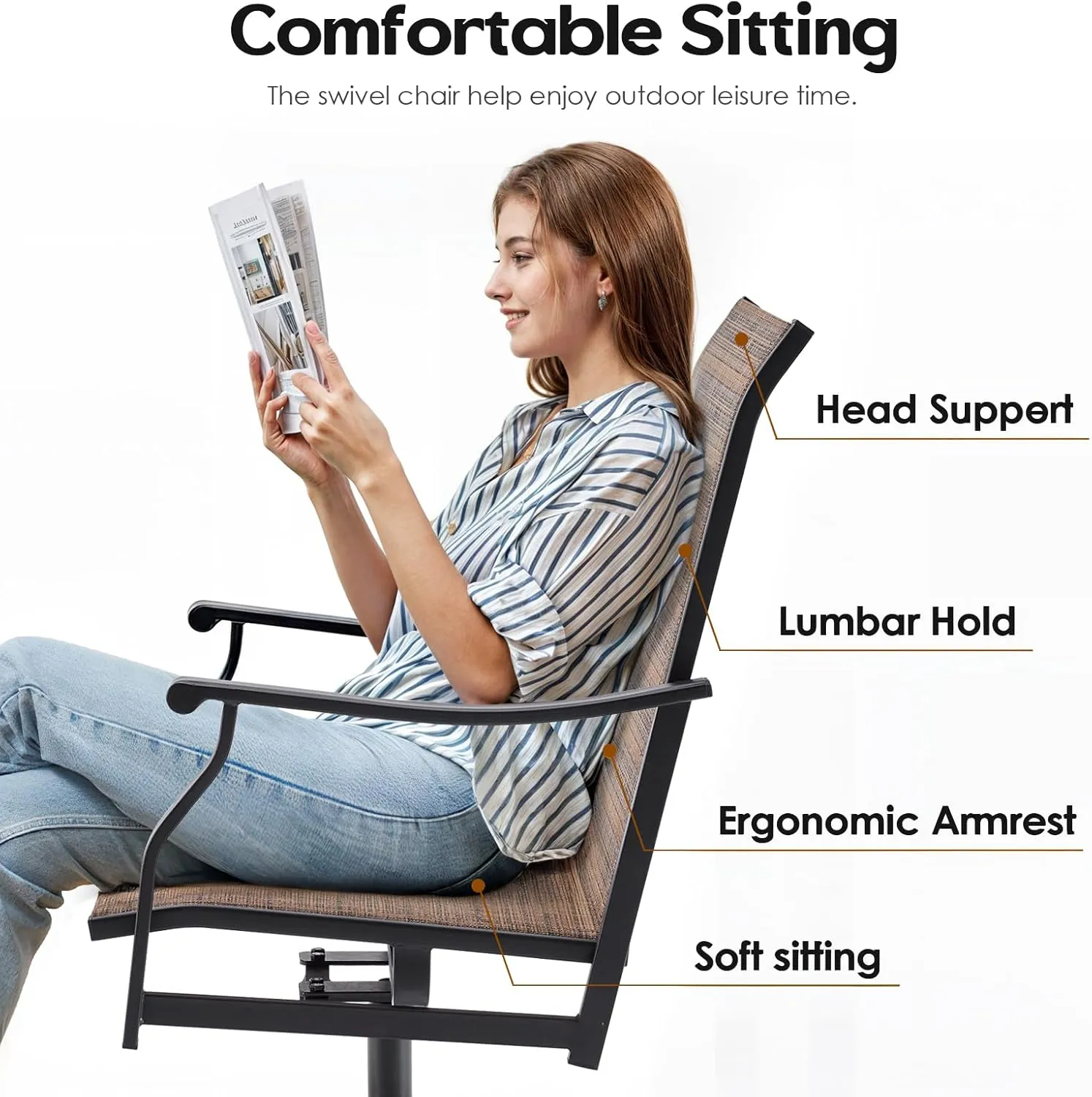 Soohow Swivel Outdoor Dining Chairs Set of 6, Patio Swivel Dining Chair with Textilene Fabric, Outdoor Metal Armchair All Weather Resistant, Ergonomic Comfort, Perfect for Patio, Backyard, Balcony