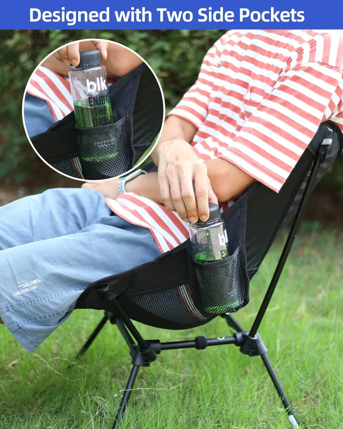 Sportneer Camping Chairs, Lightweight Outdoor Chairs with 2 Side Pockets & Storage Bag, Foldable & Portable Lawn Chairs for Camping Hiking Lawn Picnic Beach Outdoor Travel (2, Black)