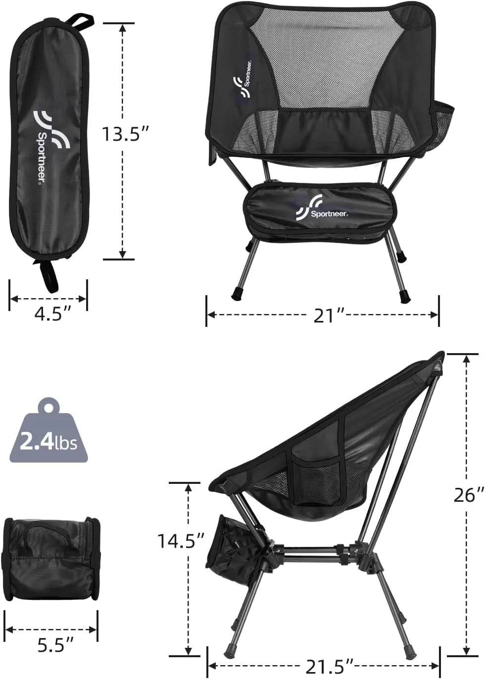 Sportneer Camping Chairs, Lightweight Outdoor Chairs with 2 Side Pockets & Storage Bag, Foldable & Portable Lawn Chairs for Camping Hiking Lawn Picnic Beach Outdoor Travel (2, Black)