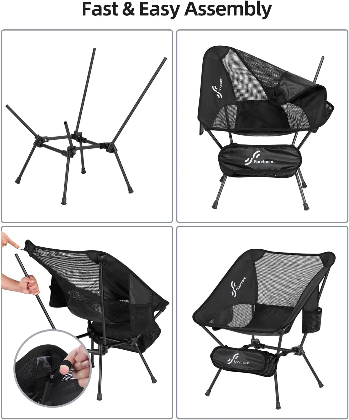 Sportneer Camping Chairs, Lightweight Outdoor Chairs with 2 Side Pockets & Storage Bag, Foldable & Portable Lawn Chairs for Camping Hiking Lawn Picnic Beach Outdoor Travel (2, Black)