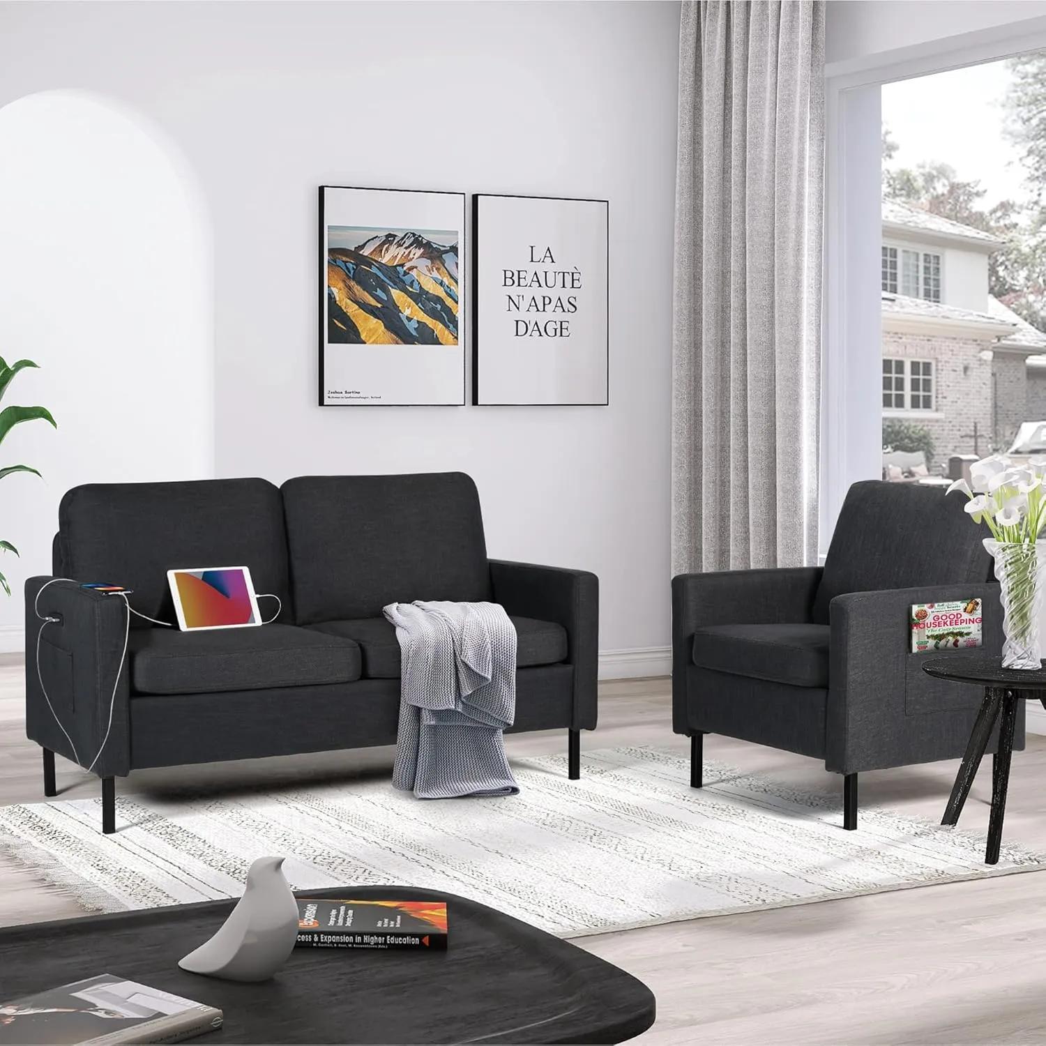 STHOUYN 2 Piece Upholstered Sectional Sofa Set Couches Sofas Living Room Furniture Sets, Loveseat with USB & Accent Chair, Grey Couch Bedroom Livingroom Apartment (2, Dark Grey)