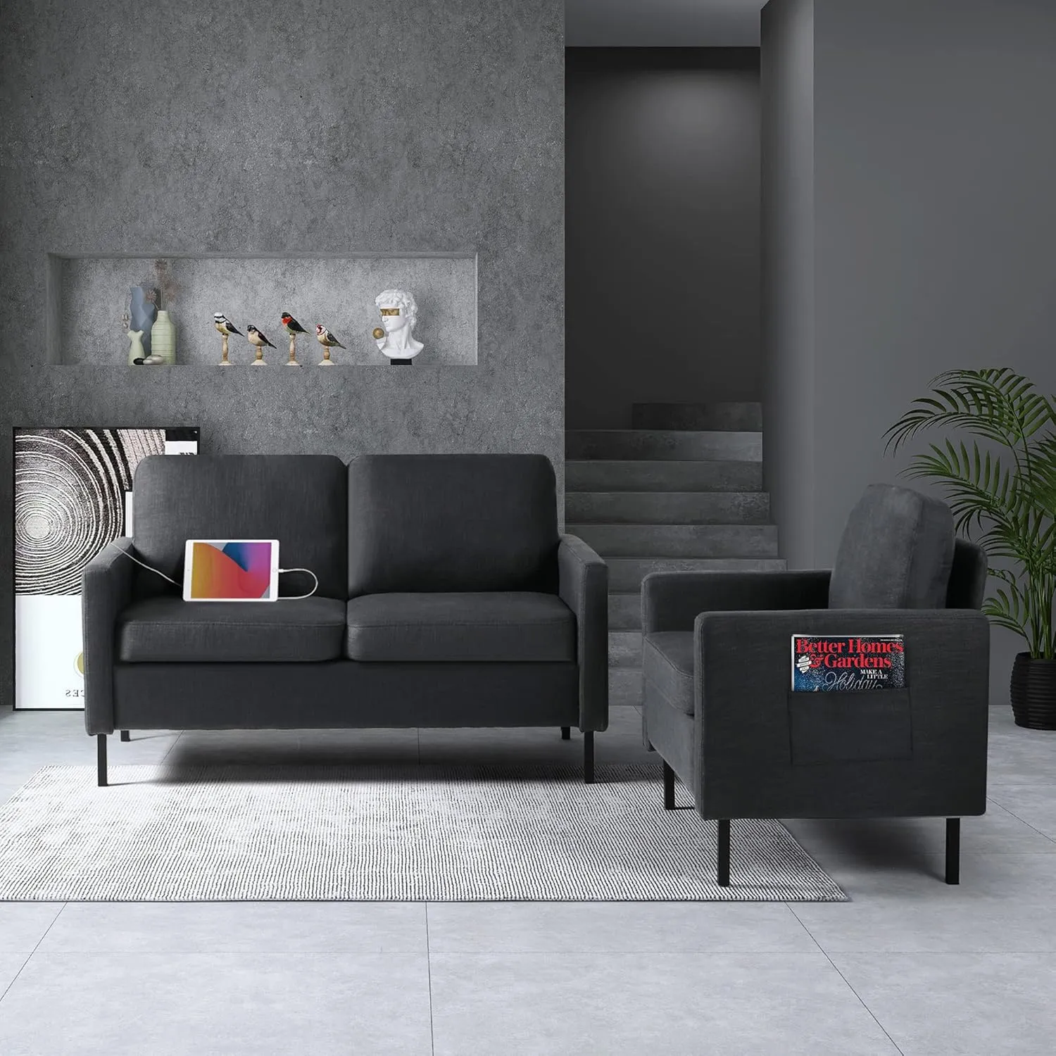 STHOUYN 2 Piece Upholstered Sectional Sofa Set Couches Sofas Living Room Furniture Sets, Loveseat with USB & Accent Chair, Grey Couch Bedroom Livingroom Apartment (2, Dark Grey)