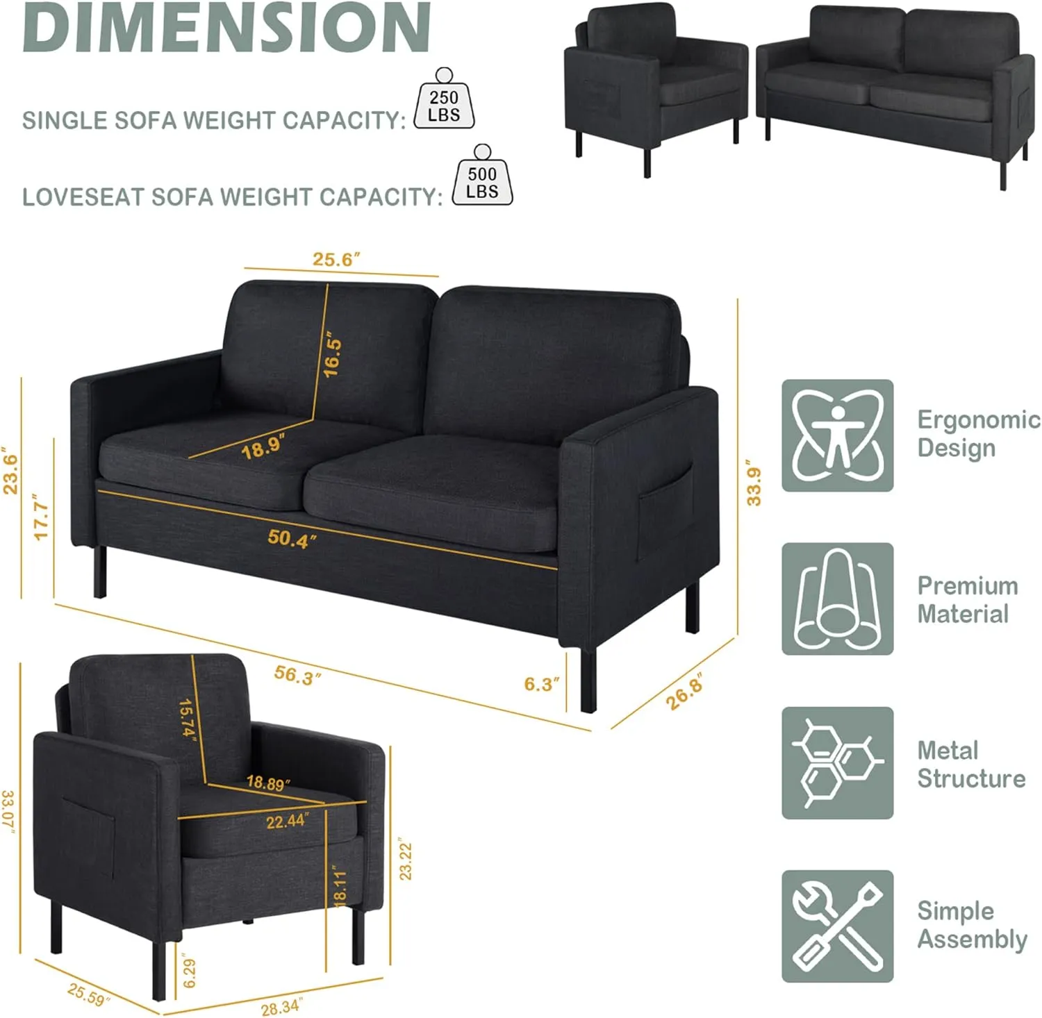 STHOUYN 2 Piece Upholstered Sectional Sofa Set Couches Sofas Living Room Furniture Sets, Loveseat with USB & Accent Chair, Grey Couch Bedroom Livingroom Apartment (2, Dark Grey)