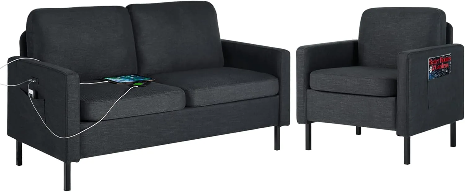 STHOUYN 2 Piece Upholstered Sectional Sofa Set Couches Sofas Living Room Furniture Sets, Loveseat with USB & Accent Chair, Grey Couch Bedroom Livingroom Apartment (2, Dark Grey)