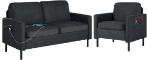 STHOUYN 2 Piece Upholstered Sectional Sofa Set Couches Sofas Living Room Furniture Sets, Loveseat with USB & Accent Chair, Grey Couch Bedroom Livingroom Apartment (2, Dark Grey)