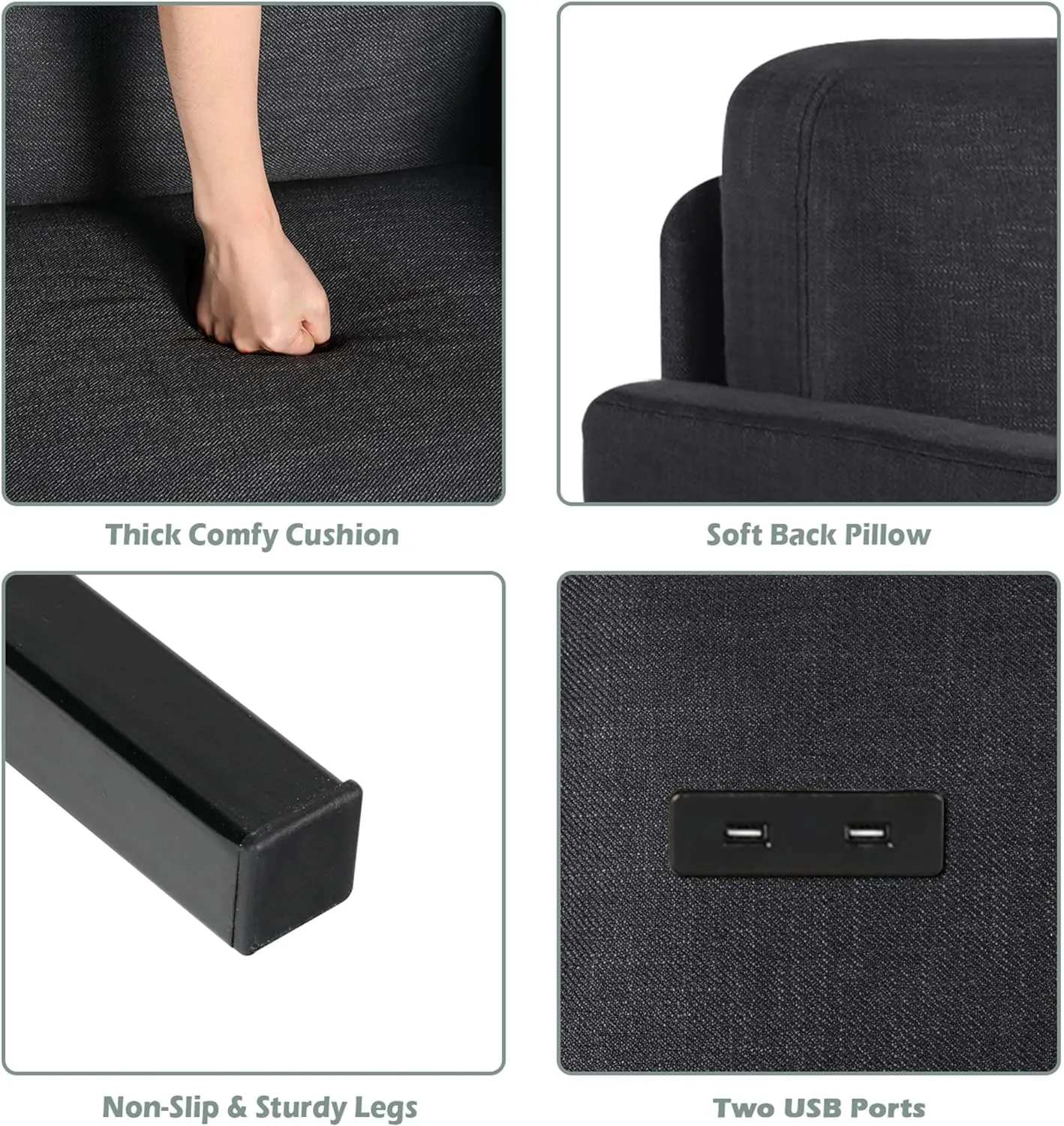 STHOUYN 2 Piece Upholstered Sectional Sofa Set Couches Sofas Living Room Furniture Sets, Loveseat with USB & Accent Chair, Grey Couch Bedroom Livingroom Apartment (2, Dark Grey)