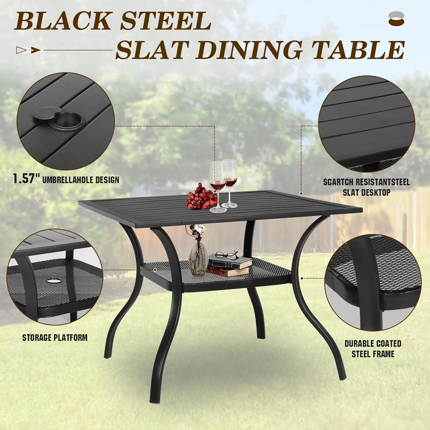 SUNCROWN 6 - Piece Outdoor Dining Set, Patio Furniture Set with 4 Textilene Dinning Chairs, 1 Steel Slat Metal Bistro Table and 1 Brown 9Ft Patio Umbrella for Lawn Garden Backyard Deck, Brown