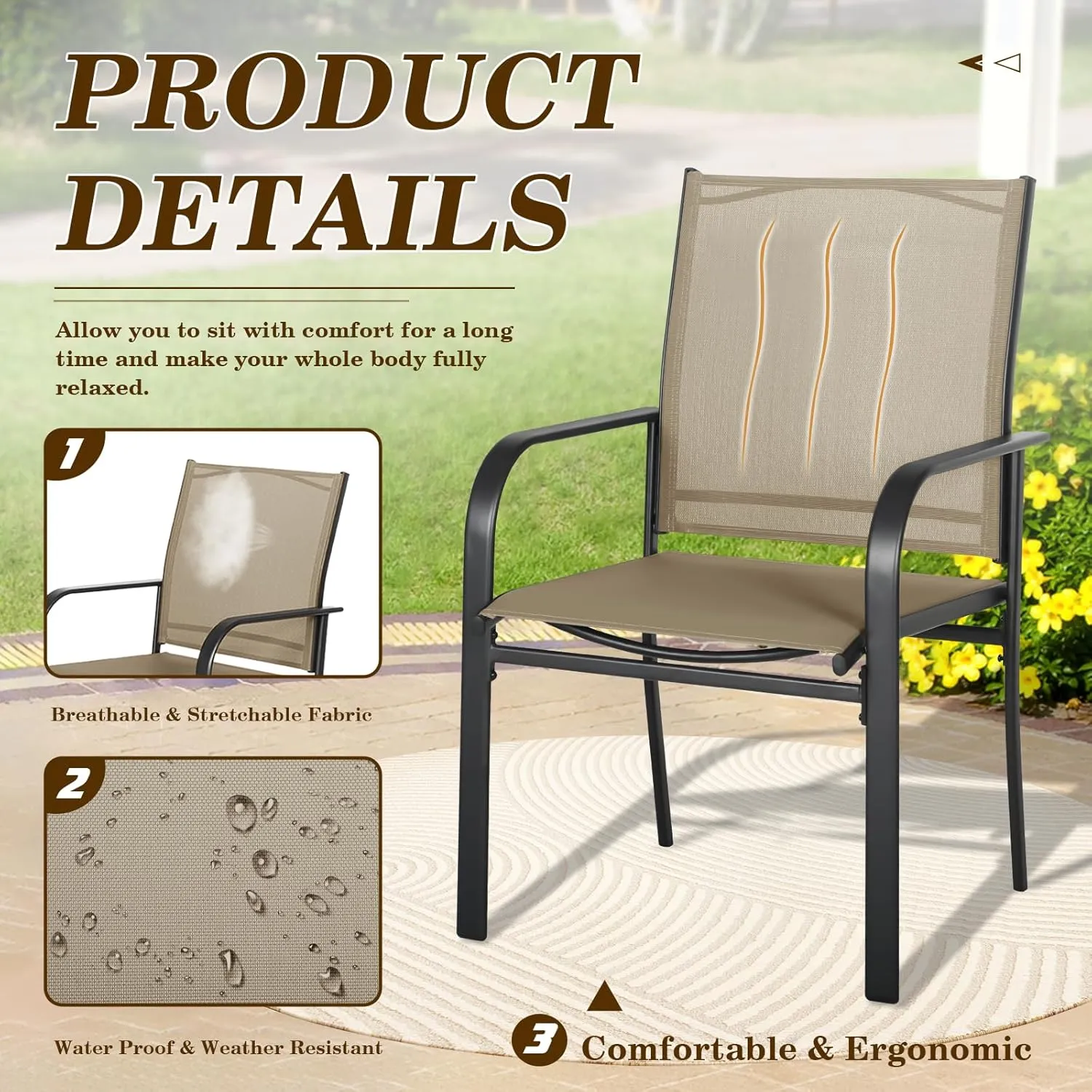 SUNCROWN 6 - Piece Outdoor Dining Set, Patio Furniture Set with 4 Textilene Dinning Chairs, 1 Steel Slat Metal Bistro Table and 1 Brown 9Ft Patio Umbrella for Lawn Garden Backyard Deck, Brown